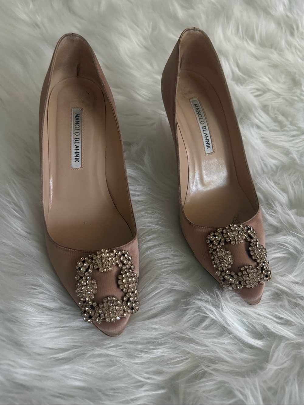 Manolo Blahnik Nude Pink Satin Crystal-Embellished Pointed Pumps